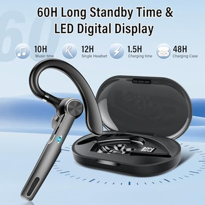 Bluetooth Headset, 2026 Wireless Bluetooth 5.3 Earpiece, 60Hrs Single-Ear Headset with Mute Button, Dual Noise Cancelling Mics, IP7 Waterproof Hands Free Headphone for Trucker, Business, Gray Black
