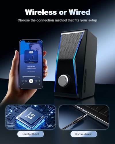 Nylavee Computer Speakers for Desktop PC, Bluetooth AUX PC Speakers RGB | Hi-Fi Stereo Sound, 14W AC Powered Monitor Speakers, Built-in Equalizer Modes, Desktop Speakers for PC and Laptop