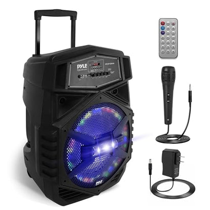 Pyle 12'' Portable Bluetooth Speaker System - 1000W Karaoke Speaker w/ LED Lights, USB/Micro SD/FM/BT/Aux/Remote Control/Mic & Guitar Inputs, Built-in Rechargeable Battery w/ Wheels & Handle Bar - style: 1000W