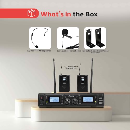 PYLE, Wireless Microphone System, UHF, 16 Channels, Belt Packs, Lavalier Mics, Rack Mountable Receiver, LCD Display, Dual Antennas, Bodypack Transmitters, Headset Microphones, Audio Cable, Case