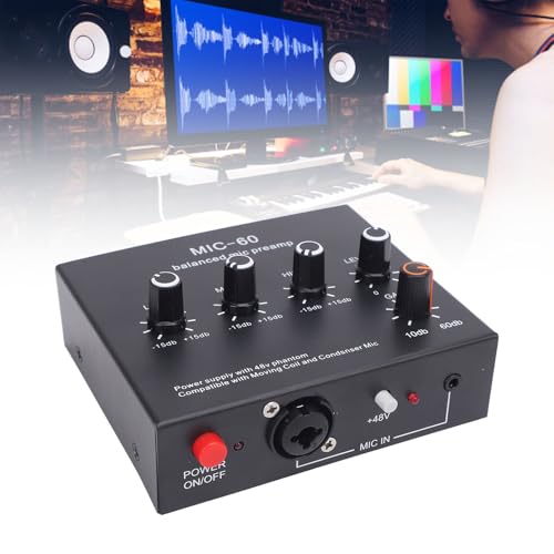 Balanced Microphone Preamp, 48V Power Mic Gain Booster with XLR/6.35mm/3.5mm Input Output for Dynamic and Condenser Mic, 60dB Gain, Low Noise, for Vocal Recording Podcast L