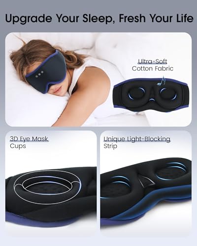 MUSICOZY Sleep Mask Bluetooth Headphones Eye Masks for Sleeping Headphone | 3D Wireless EyeMasks for Side Sleepers, 14-Hour Playtime, Ultra-Soft Breathable, Ultra-Thin Stereo Speakers for Women Men - color: Ocean Blue