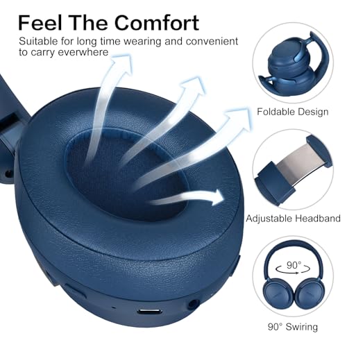 B8 Bluetooth Headphones Over Ear, 6 EQ Music Modes and 50H Playtime Deep Bass Wireless Headphones with Mic, Lightweight Folding HiFi Stereo Headset for iPad/Travel/Tablet/PC/Home Blue - color: Blue