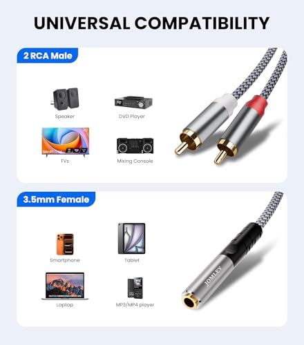 3.5mm Female to 2 RCA Male Stereo Audio Cable, 1.6FT | Gold Plated & Nylon Braided 2 RCA to 3.5mm Female Jack Adapter, Y Splitter Bi-Directional Aux Cord for Phone Tablet Speaker - size: 0.5 m/1.6 FT