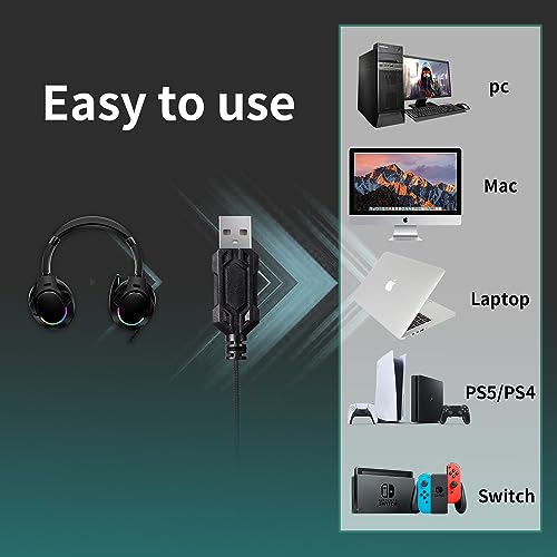 EG80 USB Gaming Headset with Noise Cancelling Microphone,7.1 Surround Sound,Soft Memory Foam Padding, RGB Lights, Wired Headphones for PS4, PS5 Console, Laptop, Call Center