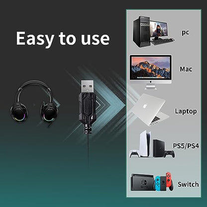 EG80 USB Gaming Headset with Noise Cancelling Microphone,7.1 Surround Sound,Soft Memory Foam Padding, RGB Lights, Wired Headphones for PS4, PS5 Console, Laptop, Call Center