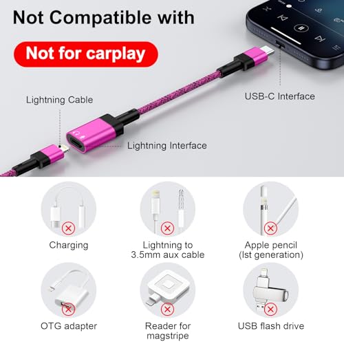 USB C to Lightning Headphone Audio Adapter [Apple MFi Certified] for iPhone 17e,17,Air,17 Pro,17 Pro Max,16e 16 15 Pro Max Plus, USB C Male to Lightning Female Earbuds Audio Adapter Dongle (NO CHARGE) - color: Rose