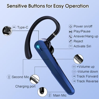 Bluetooth Headset V5.3, Wireless Headset with ENC Noise Canceling Mic | 120Hrs Talk Single-Ear Bluetooth Earpiece, LED Display, IP7 Waterproof Hand-Free Earphone for Business/Trucker, Dark Blue - color: Dark Blue