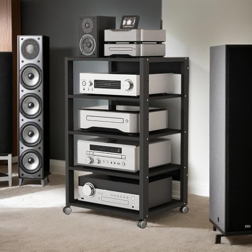 5 Tier Audio Rack AV Media Player Stand Stereo Cabinet | Floor-Standing CD DVD Record Player Stand, Movable Component Storage Shelf with Wheels for Home Theater, Black - size: 5 Tier