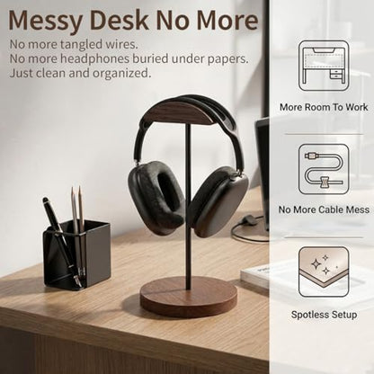 Headphone Holder Stand for Desk, Wood and Metal Headset Hanger Mount Hook Gaming Holder Desktop Earphone Artful Functional Craftsmanship Stand for All Headsets with Solid Wooden Base - style: Walnut