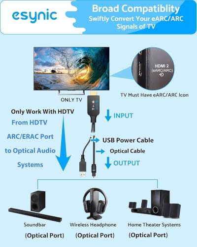 eSynic 192KHZ HDTV ARC/eARC to Old Optical Soundbar Converter-USB Power | 7 ft Long Compact Cable Design-Easy to Setup-Support PCM/Dolby5.1/DTS 5.1 Audio Formats-Necessary to Setup On TV - size: 7 ft Cable Long