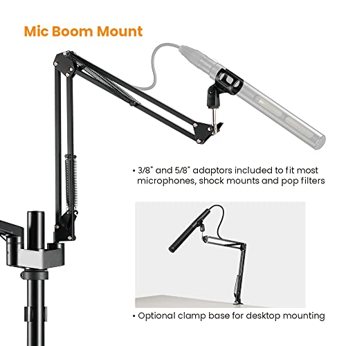 MDS11-2 Live Broadcast Boom Arm And Mobile Cart | Flexible Desk Mount Camera Arm | Clamp Webcam Stand | Microphone Boom Arm | Laptop Stand | 10" LED Ring Light | Voice Recording And Podcasting