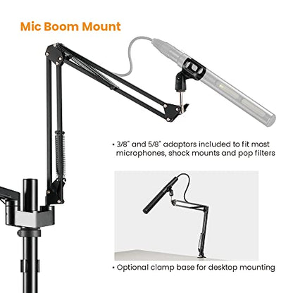 MDS11-2 Live Broadcast Boom Arm And Mobile Cart | Flexible Desk Mount Camera Arm | Clamp Webcam Stand | Microphone Boom Arm | Laptop Stand | 10" LED Ring Light | Voice Recording And Podcasting