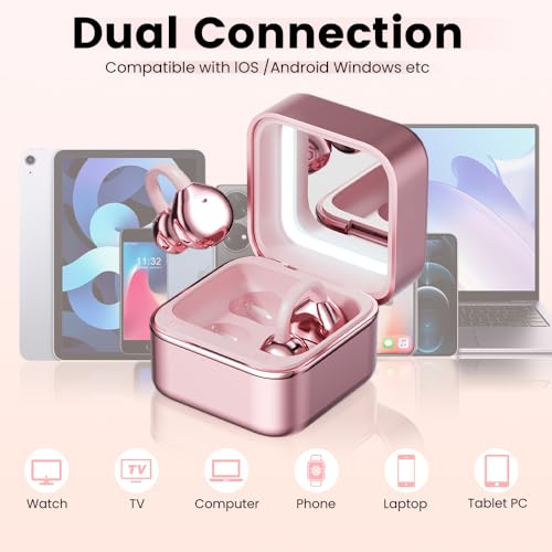 Clip On Ear Headphones with a Makeup Mirror, Open Ear Earbuds Wireless Bluetooth Earbuds,Ultra-Long Battery Life, for Android/iOS Phones (Rose Gold) - color: Rose gold