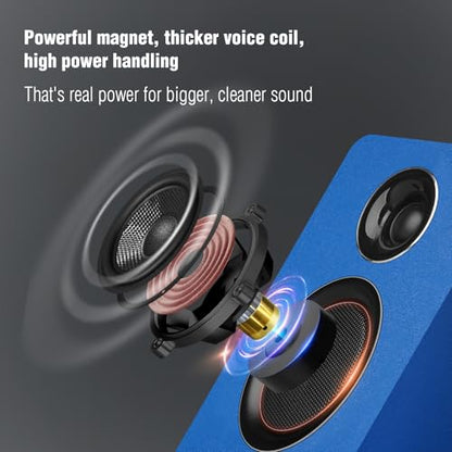 Computer Speakers, Bluetooth 5.3, USB-C, AUX/RCA, 3-Inch Woofer, Blue | A 3-inch carbon fiber woofer and 1-inch silk dome tweeter in wood cabinets. For PCs, turntables, TVs, gaming and music. - color: Blue