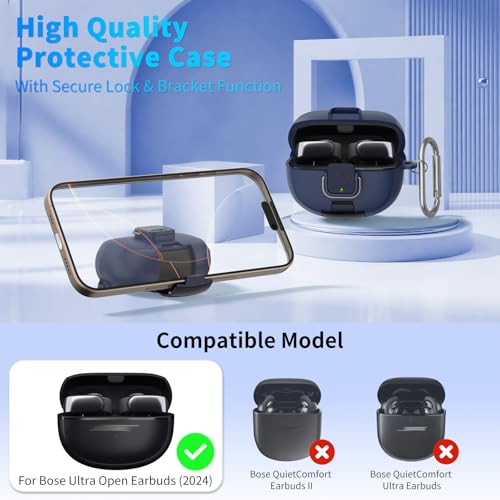 for Bose Ultra Open Earbuds Case with Secure Lock & Phone Stand, Soft TPU Shockproof Protective Clear Case for Bose Open Ear Earbuds Accessories with Cleaning Pen & Keychain (Dark Blue) - color: Dark Blue
