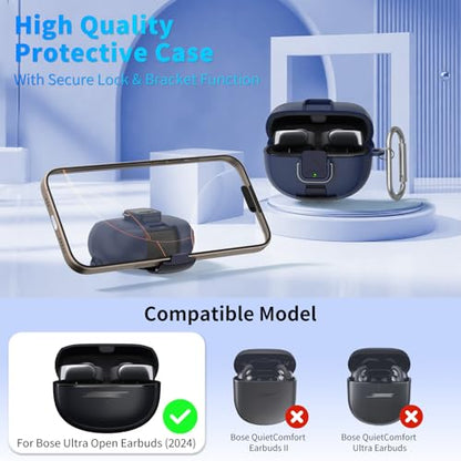 for Bose Ultra Open Earbuds Case with Secure Lock & Phone Stand, Soft TPU Shockproof Protective Clear Case for Bose Open Ear Earbuds Accessories with Cleaning Pen & Keychain (Dark Blue) - color: Dark Blue