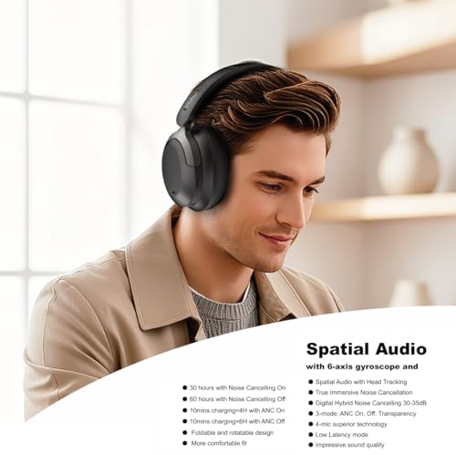 TRON Hybrid Active Noise Cancelling Wireless Headphones, Over-Ear Bluetooth Headphones with Spatial Audio, 60H Battery Life, Transparency Mode, Foldable Design, Travel Case Included (TR110)/Black