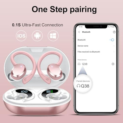 sprtoybat Wireless Earbuds, 2026 New Bluetooth 5.4 Headphones Sport Earphones with 68Hrs Playtime LED Display ENC Noise Cancelling Mic, IPX7 Waterproof Over Ear Ear Buds with Hook for Sports/Running - color: Gold Pink
