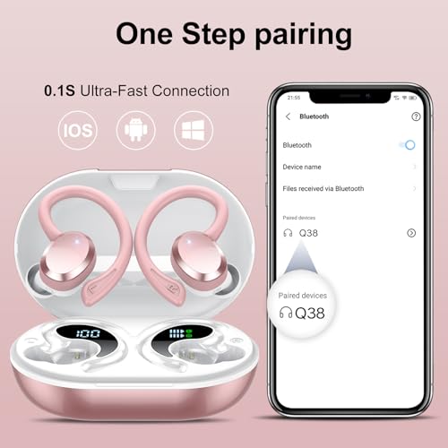 sprtoybat Wireless Earbuds Sport, 2026 New Bluetooth 5.4 Headphones with ENC Noise Cancelling Mic, 68Hrs Playtime LED Display, IPX7 Waterproof Wireless Headphones with Earhooks for Gym/Running - color: Pink-A