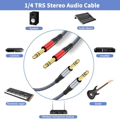 1/4 inch TRS Cable 10ft 2-Pack, 1/4 Inch TRS Instrument Guitar Cable,Straight AMP Cord,Quarter Inch Jack Stereo Audio Balanced Line for Electric Guitar,Bass,Keyboard,Amplifier,Speaker