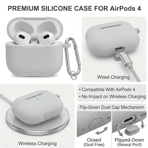 for Airpods 4th Case Cover, Come with Cleaner Kit,Soft Skin Silicone Case Cover with Keychain, Full Protective Case for Men and Women, Compatible with AirPods 4th Generation Case,Grey - color: B9-Grey