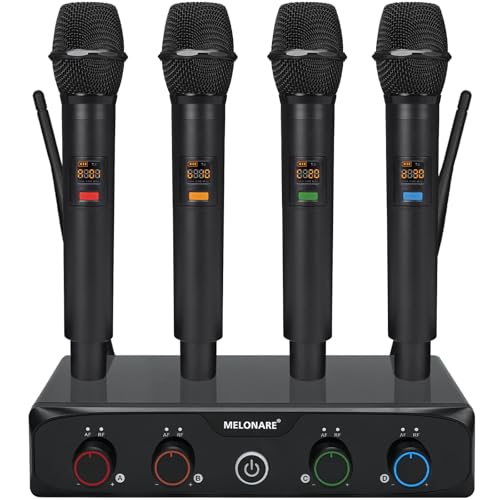 MELONARE 4x10 Freq. UHF Wireless Microphone System, 200FT Stable Signal | Cordless Handheld Mics, Microfono Inalambrico for Singing, Wedding, Karaoke, Church, DJ Events,Party MWM-41-4H - size: 4 Handheld Mics