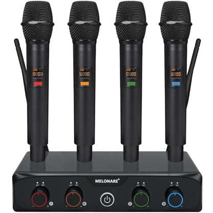 MELONARE 4x10 Freq. UHF Wireless Microphone System, 200FT Stable Signal | Cordless Handheld Mics, Microfono Inalambrico for Singing, Wedding, Karaoke, Church, DJ Events,Party MWM-41-4H - size: 4 Handheld Mics