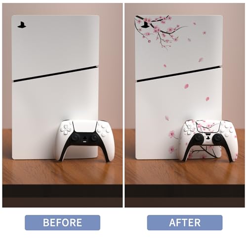 PlayVital Full Set Skin Sticker for ps5 Slim Console Disc Edition (The New Smaller Design), Vinyl Decal Cover for ps5 Controller & Headset & Charging Station & Media Remote - Falling Cherry Blossom - color: Falling Cherry Blossom