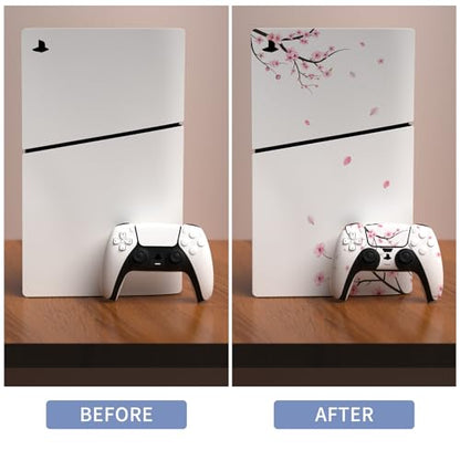 PlayVital Full Set Skin Sticker for ps5 Slim Console Disc Edition (The New Smaller Design), Vinyl Decal Cover for ps5 Controller & Headset & Charging Station & Media Remote - Falling Cherry Blossom - color: Falling Cherry Blossom