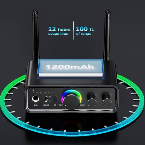 Bluetooth 5.3 Transmitter Receiver 2-in-1 Wireless Audio Adapter with Remote 6.5mm Mic Connection AUX RCA Coaxial Optical USB Input Bluetooth Audio Receiver for TV/PC/Headphone/KTV/Home Stereo