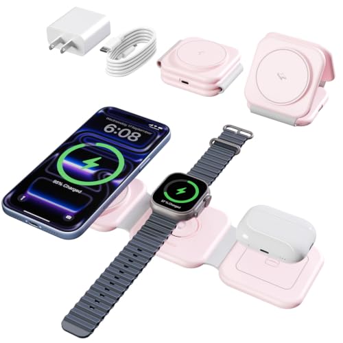 15W Magnetic Travel Charging Station, 3-in-1 Foldable MagSafe Charger | Wireless Charger for Apple Multiple Devices - iPhone Air 17 16 15 14 13 14 Pro Max, Watch & AirPods - Blush Pink - color: Blush Pink