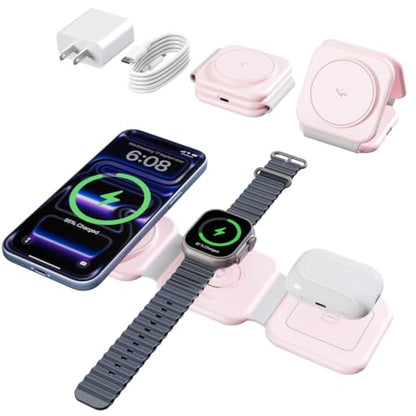 15W Magnetic Travel Charging Station, 3-in-1 Foldable MagSafe Charger | Wireless Charger for Apple Multiple Devices - iPhone Air 17 16 15 14 13 14 Pro Max, Watch & AirPods - Blush Pink - color: Blush Pink