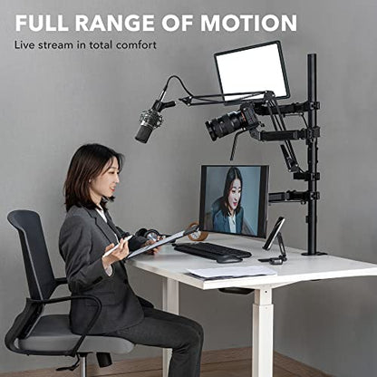 Mount-It! All-in-One Streaming Desk Mount – 4 Arm Setup for Monitor, Camera, Ring Light & Mic – Live Stream Equipment for YouTube, Podcast, Gaming, Zoom – VESA Compatible, Clamp/Grommet Base - size: 4 arm