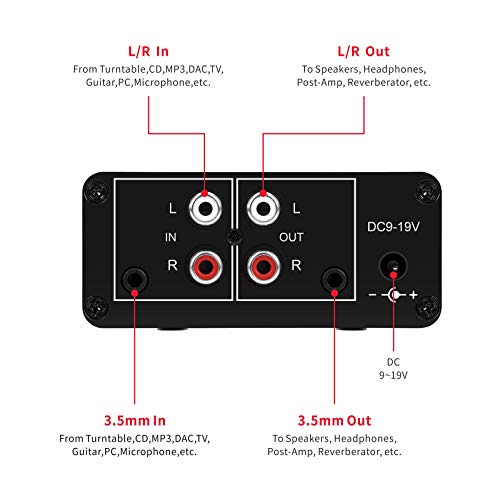 Mini Small Stereo Audio preamplifier, Headphone Amplifier, Gain 20dB Phono Turntable Phonograph preamp, Dual op amp NE5532 with RCA 3.5mm Input to RCA 3.5mm Output