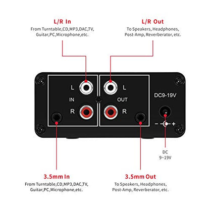 Mini Small Stereo Audio preamplifier, Headphone Amplifier, Gain 20dB Phono Turntable Phonograph preamp, Dual op amp NE5532 with RCA 3.5mm Input to RCA 3.5mm Output