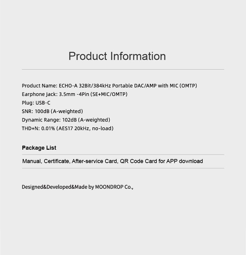 Moondrop Echo-A 32Bit/384kHz Portable USB Type-C to Headphone DAC/AMP with 3.5mm Audio Jack Adapter