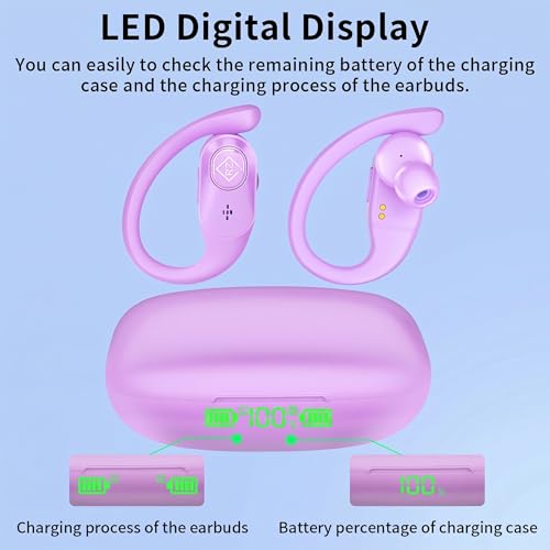 Wireless Earbuds with Ear Hooks 96H Playtime for iPhone Android | LED Display Deep Bass Stereo Sound Built in Mic Sweat Resistant Design Low Latency Mode for Sports Gaming - color: Purple