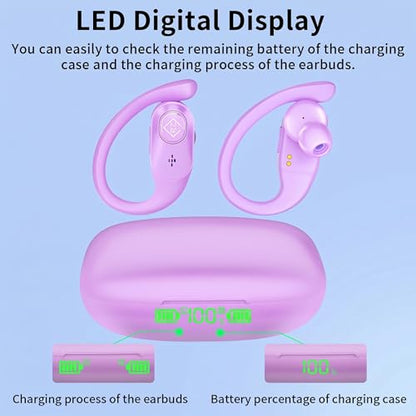 Wireless Earbuds with Ear Hooks 96H Playtime for iPhone Android | LED Display Deep Bass Stereo Sound Built in Mic Sweat Resistant Design Low Latency Mode for Sports Gaming - color: Purple