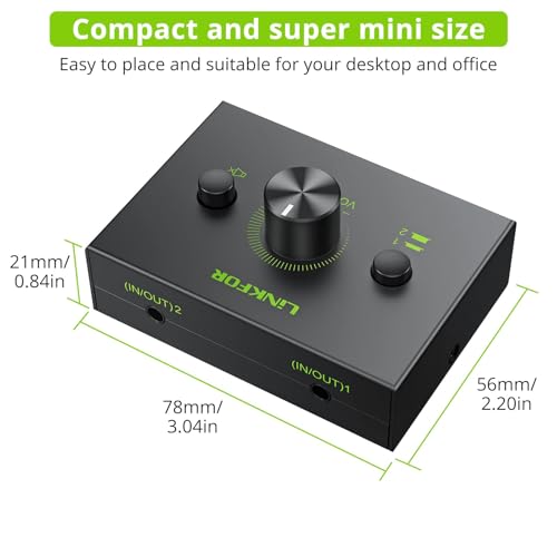 LiNKFOR 2 Port 3.5mm Stereo Audio Switch, 2 in 1 Out & 1 in 2 Out | Equipped with 3.5mm cable, built-in mute button, plug and play, works with laptop, PC, headphone and CD player - size: 2 Ports 3.5mm