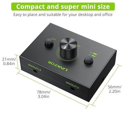 LiNKFOR 2 Port 3.5mm Stereo Audio Switch, 2 in 1 Out & 1 in 2 Out | Equipped with 3.5mm cable, built-in mute button, plug and play, works with laptop, PC, headphone and CD player - size: 2 Ports 3.5mm