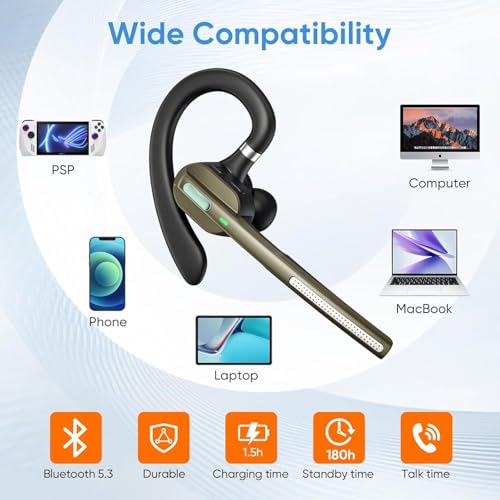 Bluetooth Headset V5.3, Wireless Earpiece with Mic for Work | 500mAh Charging Case, Noise Canceling Mic, for Trucker, Office, Business, Compatible with Cell Phone and PC