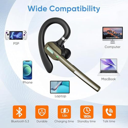 Bluetooth Headset V5.3, Wireless Earpiece with Mic for Work | 500mAh Charging Case, Noise Canceling Mic, for Trucker, Office, Business, Compatible with Cell Phone and PC