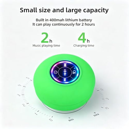 Mini Bluetooth Shower Speaker Green, Silicone Suction Cup Portable Speaker with LED Lights, IPX4 Waterproof, Built in Mic, for Bathroom Kitchen Outdoors, Ideal Gifts (Green) - color: Green