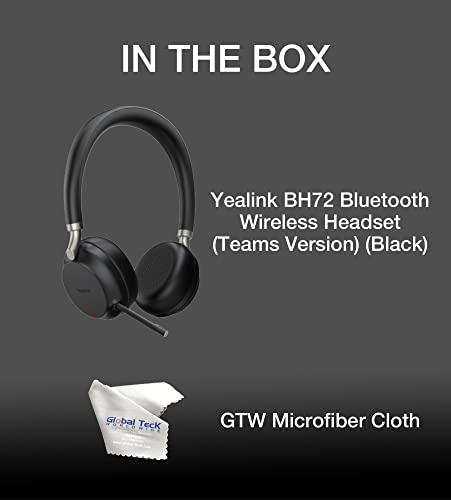 Yealink BH72 Bluetooth Headset Teams Version, USB-A, Black - GTW Bundle Yealink Wireless Headset with Global Teck Microfiber Cloth - Compatible for Office and Home Use - color: Black - No Charging Stand, size: MS Teams Version