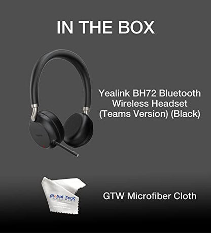 Yealink BH72 Bluetooth Headset Teams Version, USB-A, Black - GTW Bundle Yealink Wireless Headset with Global Teck Microfiber Cloth - Compatible for Office and Home Use - color: Black - No Charging Stand, size: MS Teams Version