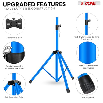 5 Core Speaker Stand Universal Mount Steel Alloy Construction 132 Lbs Capcity Stable Tripod w/Adjustable Height 36” w 35mm Compatible Insert Metal Safety Pin Blue