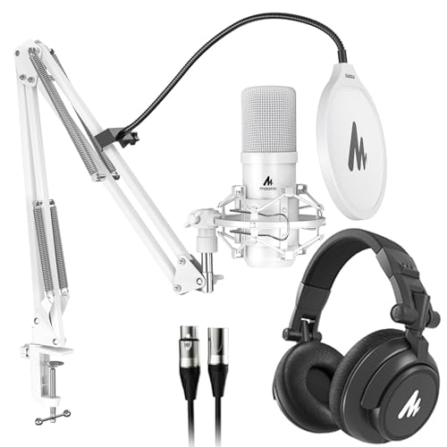MAONO USB XLR Condenser Microphone with Headphones: PC Computer Podcast Cardioid Metal Mic Kit for Recording, Studio, Singing, YouTube (A04 Gen2 White+MH601+XLR Cable)