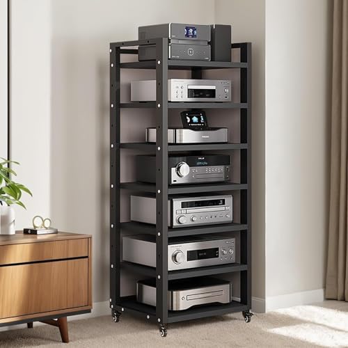 7 Tier Av Media Stand With Wheels, 55in Adjustable Audio Rack - color: Black