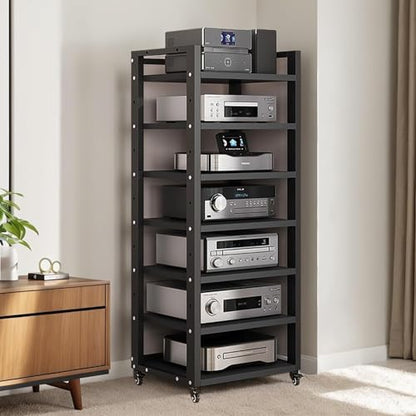7 Tier Av Media Stand With Wheels, 55in Adjustable Audio Rack - color: Black